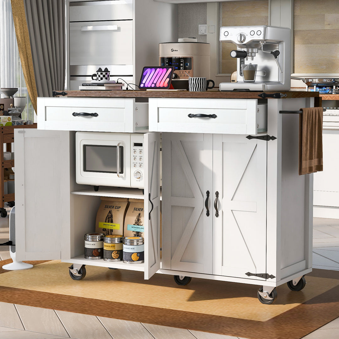 53.5'' Farmhouse White Kitchen Island on Wheels with Power Outlet