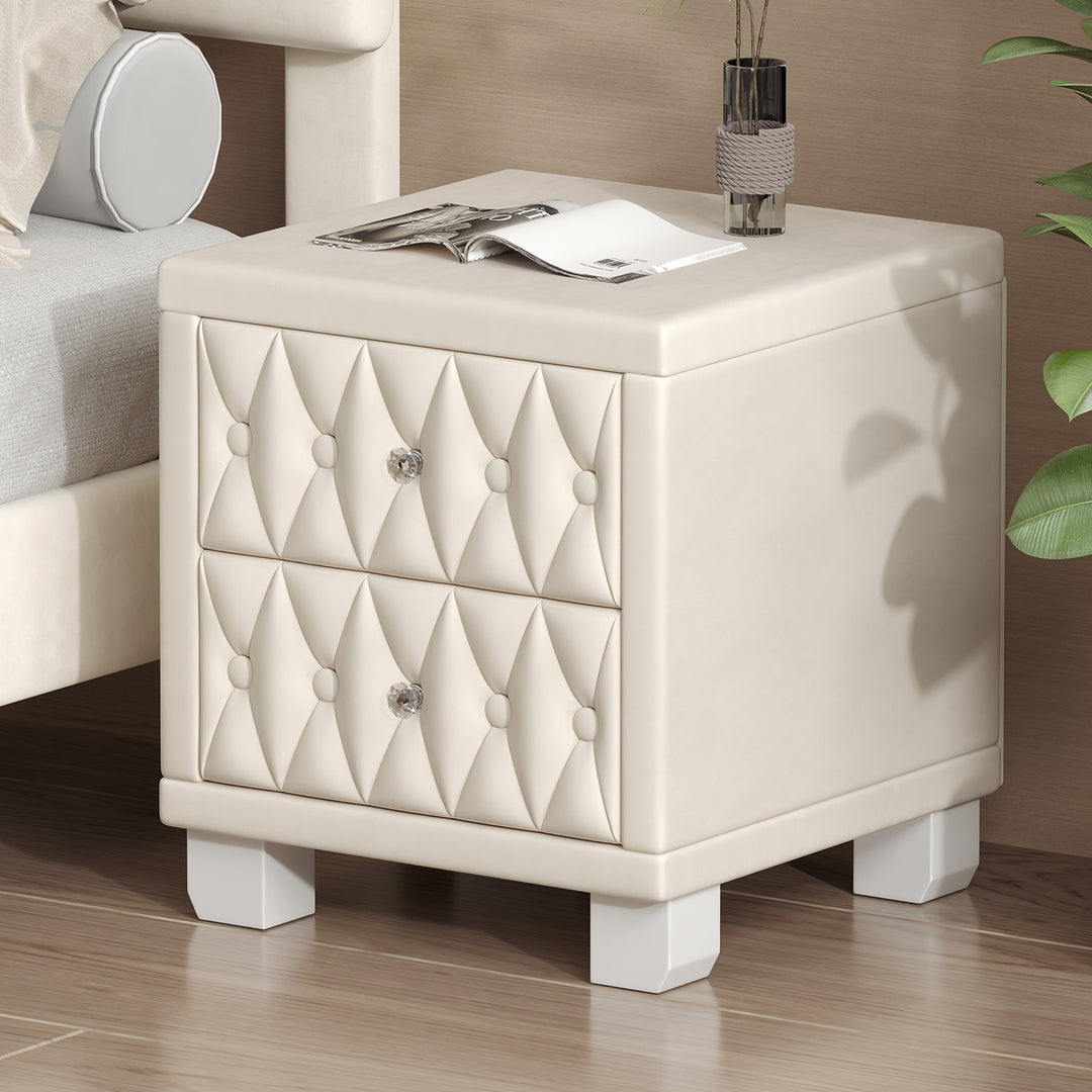 Elegant Velvet Beige Nightstand with 2 Drawers and Crystal Handle