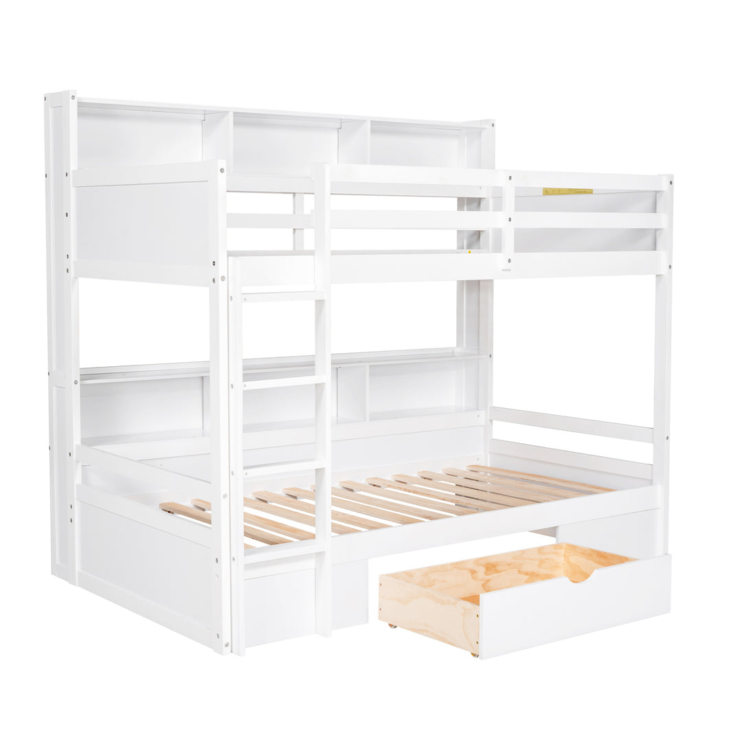 White Twin Bunk Bed with Shelves and Drawer
