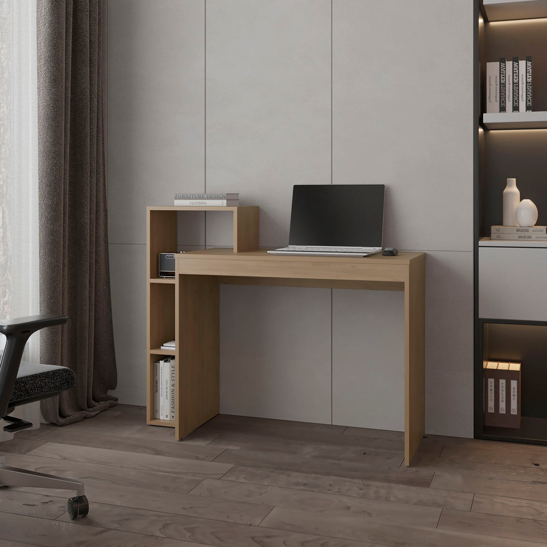 Modern Natural Oak Computer Desk with Open Storage