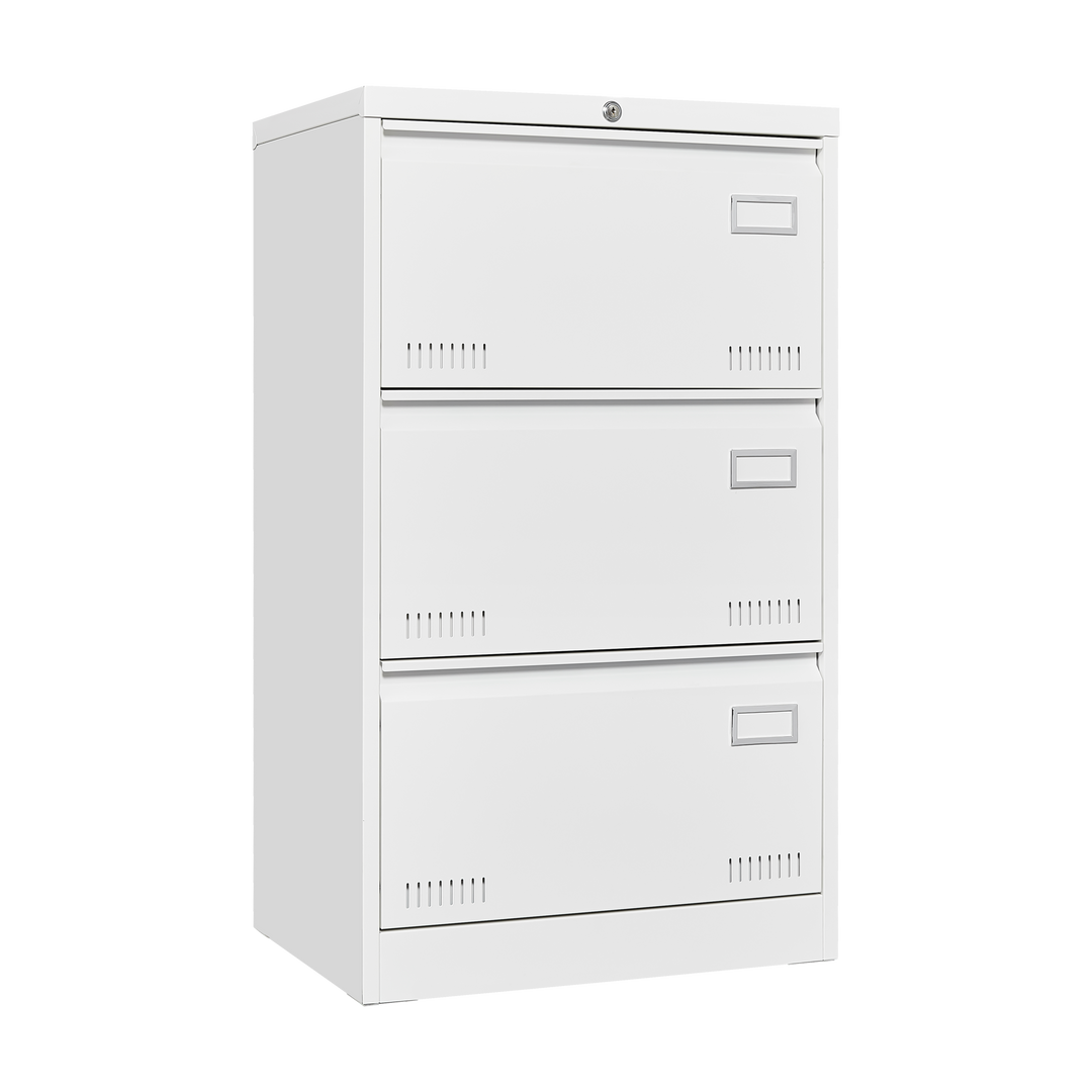 Contemporary 3 Drawer White Metal Lateral File Cabinet with Lock