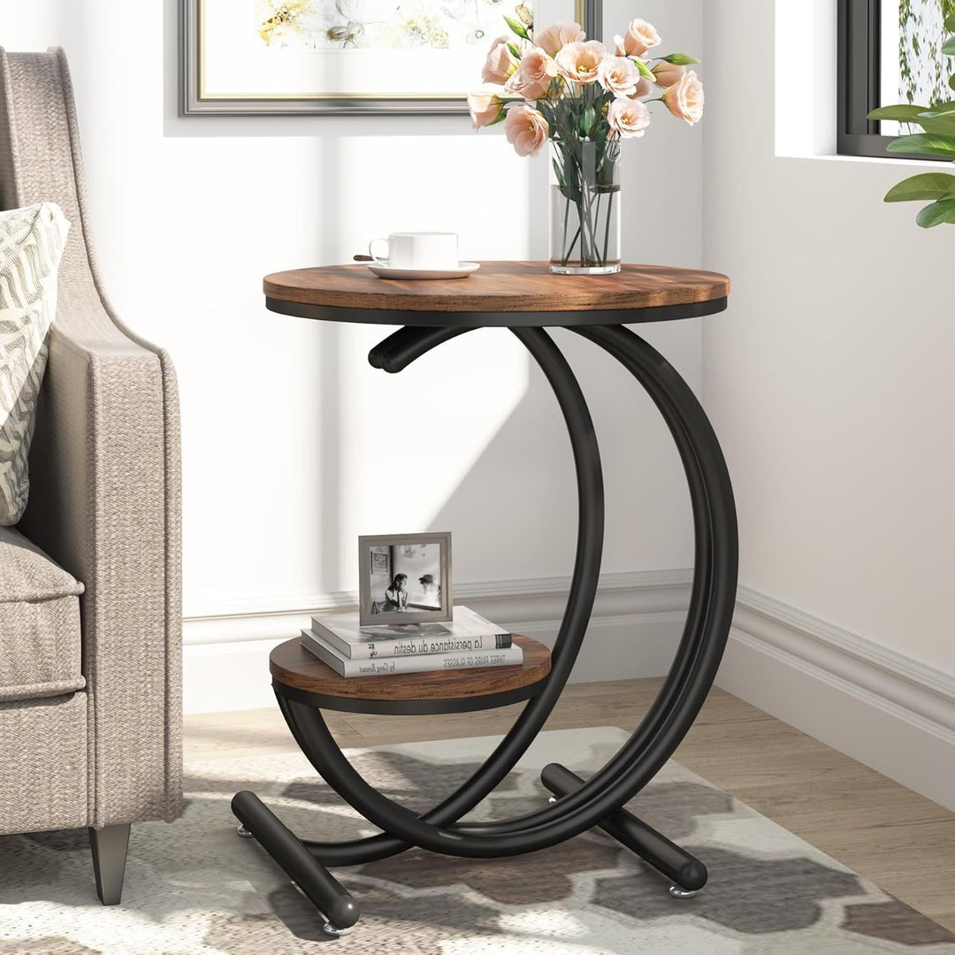 16.68' Industrial Round End Table 2-Tier Side Table with Storage Shelf