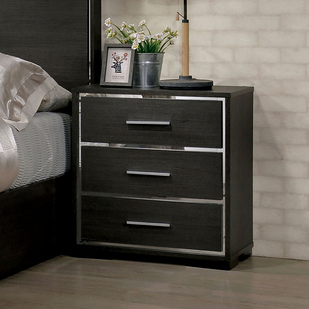 Modern Solid Wood Warm Gray Sleek Lines Chrome Trim Nightstand