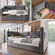 Hydraulic Storage Velvet Gray Twin Bed Frame with USB & Type-C Charging