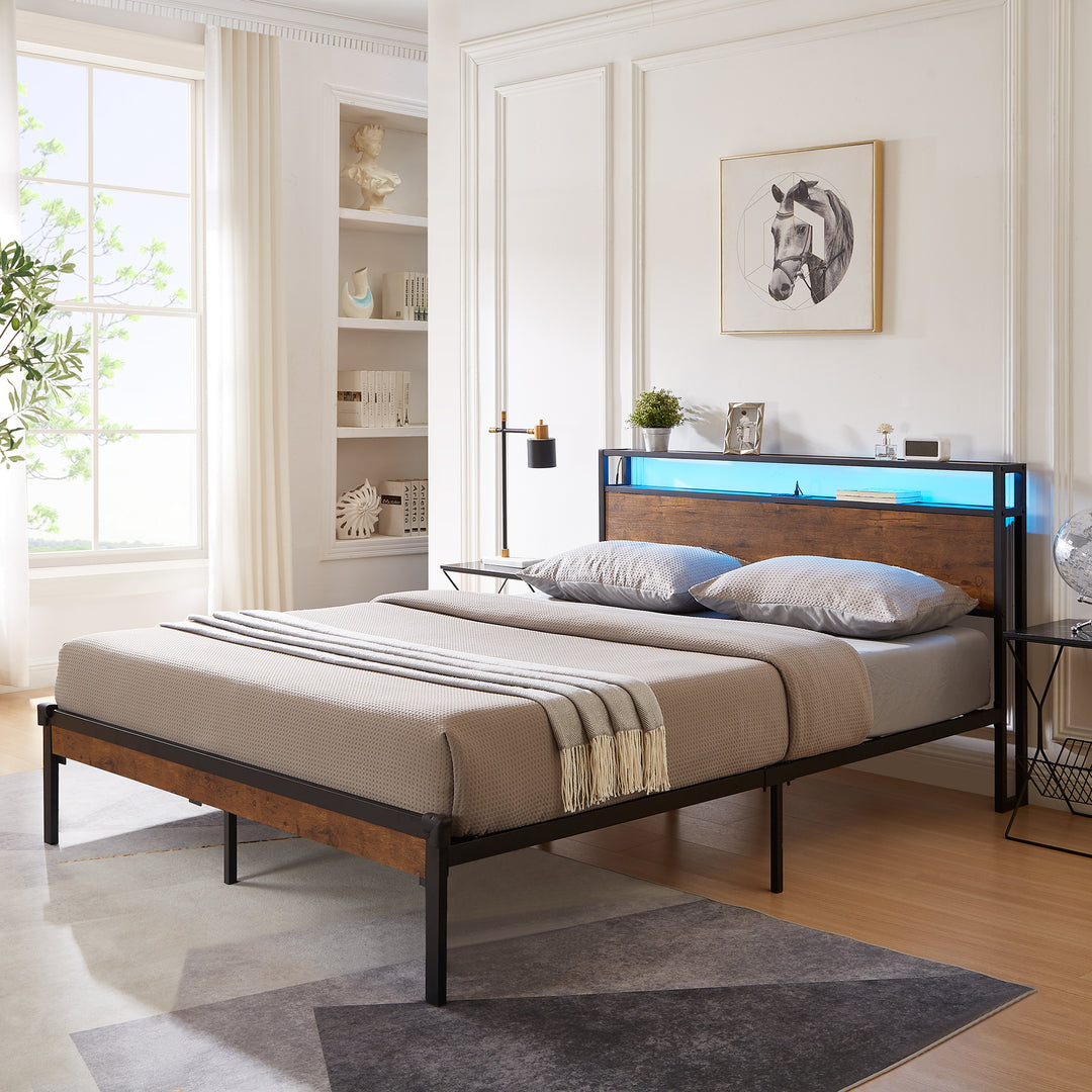 King Size Metal Platform Bed Frame with USB & LED Lights