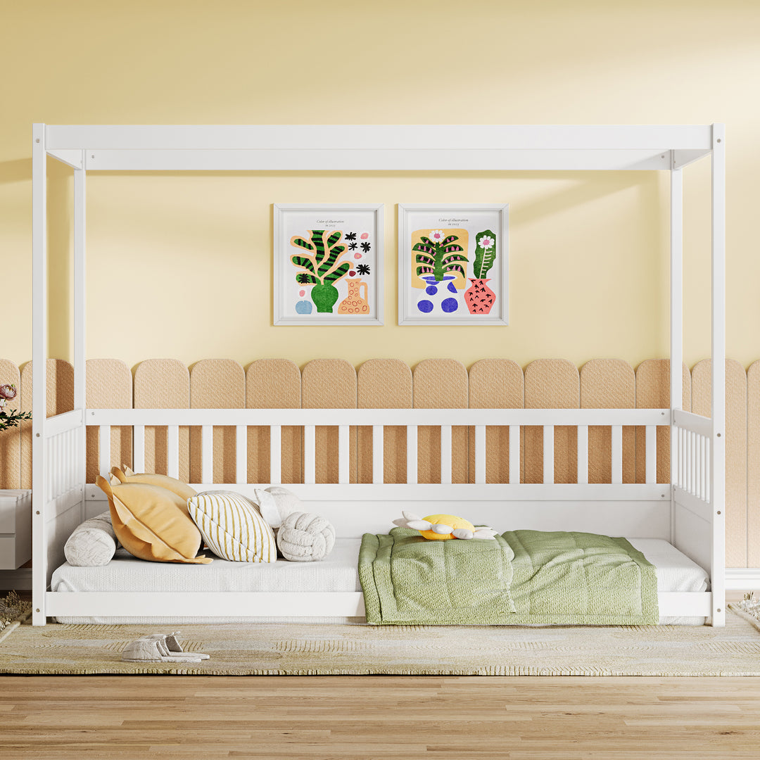White Twin Size Wood Canopy Bed Frame with Guardrails for Kids