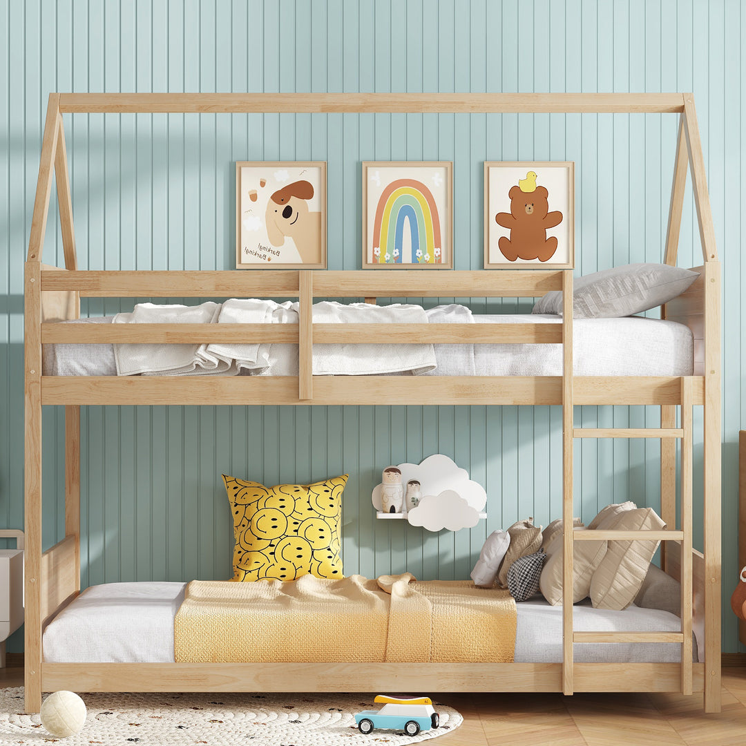 White Oak Twin Over Twin House Floor Bunk Bed with Headboards Guardrails & Ladder