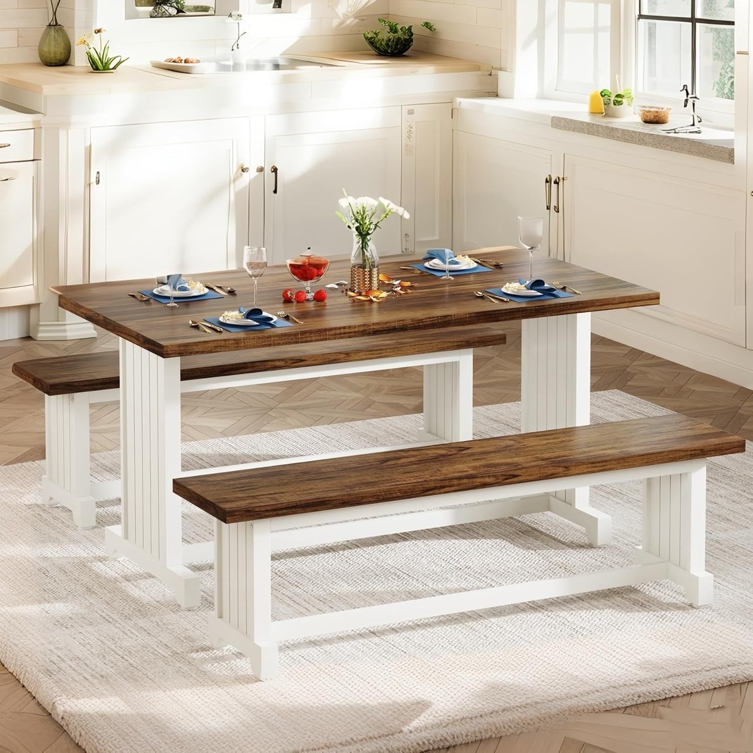 47' Farmhouse 3-Piece Dining Table Set with 2 Benches