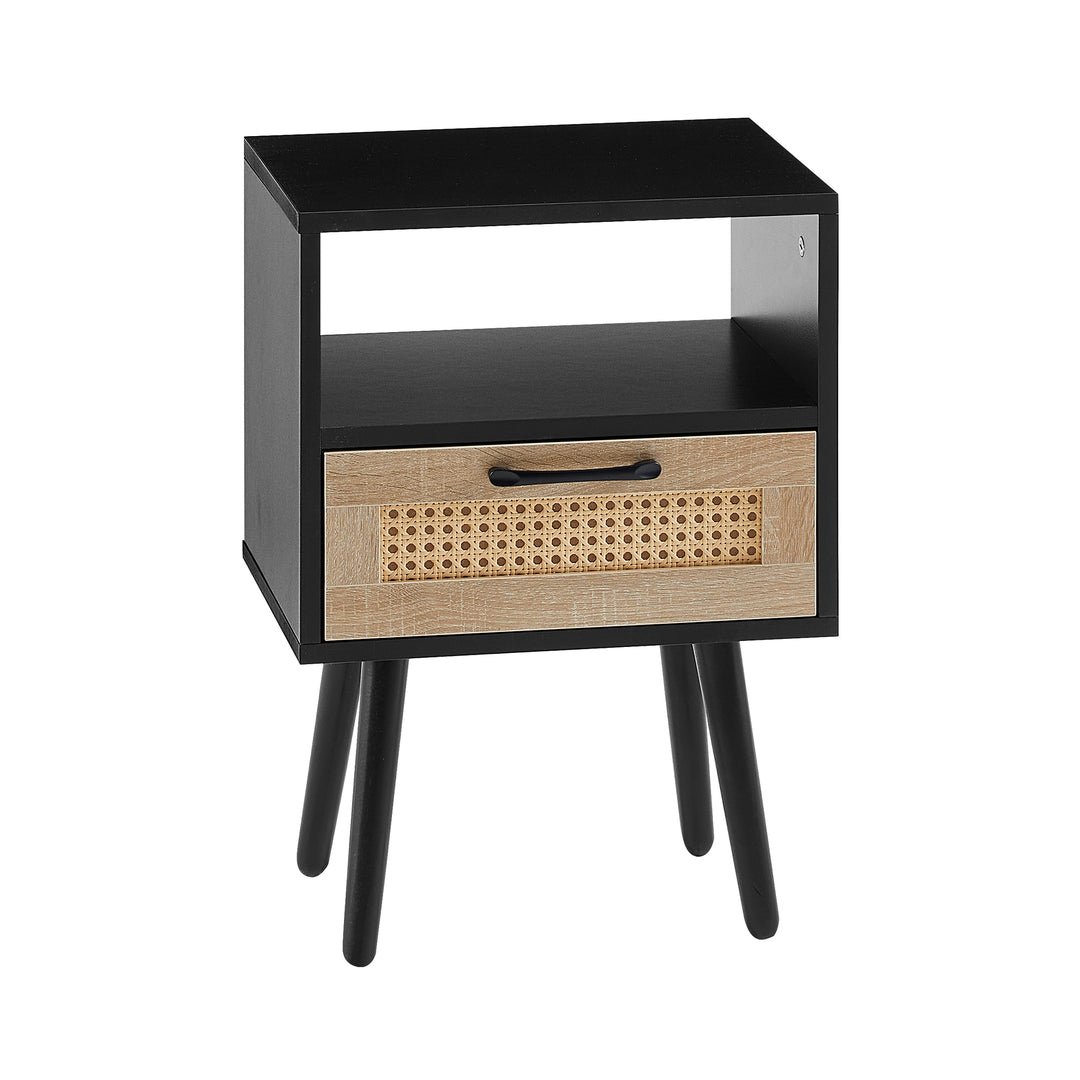 Modern Solid Wood Legs Rattan Black End Table with Drawer