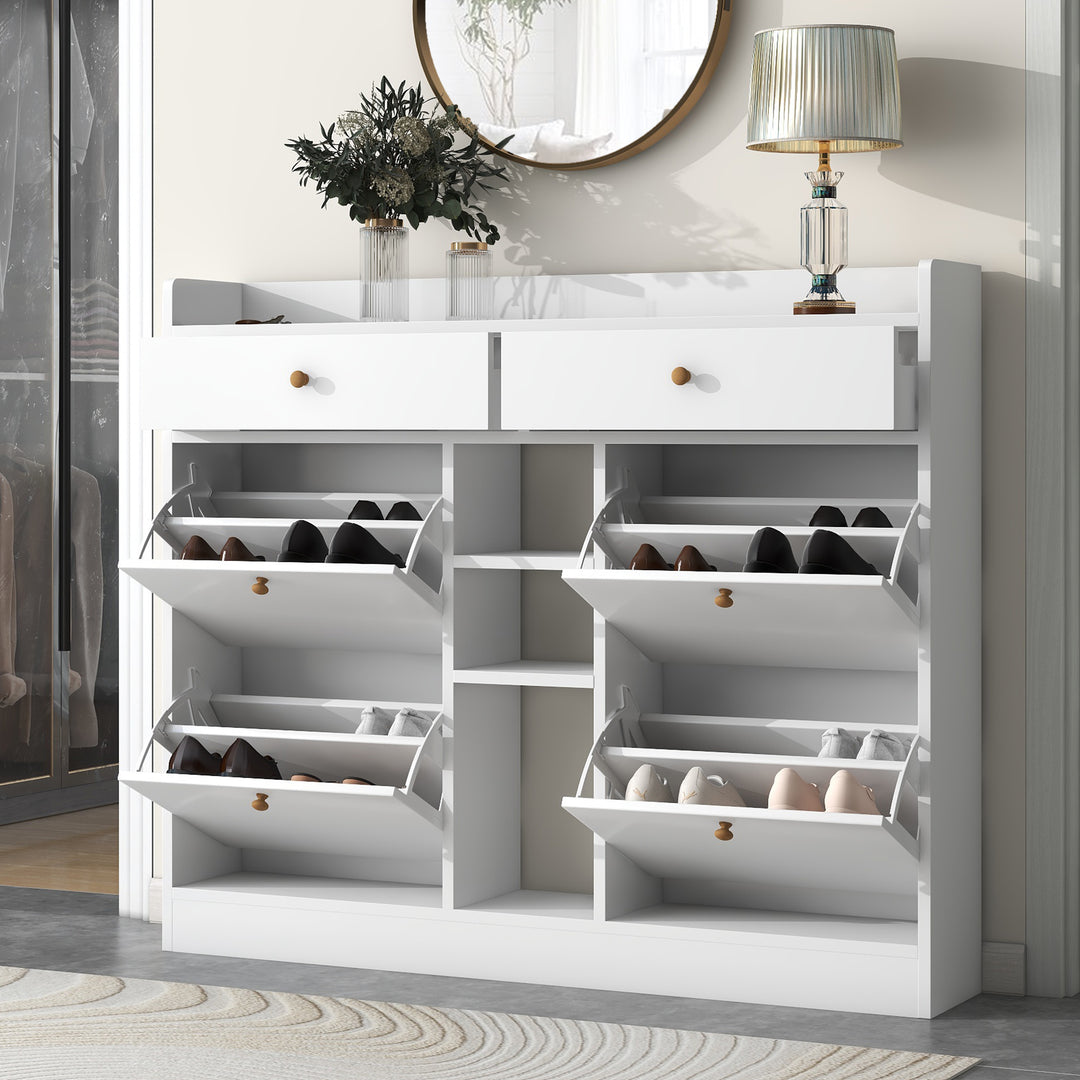 Modern Multifunctional 2-Tier Shoe Storage Organizer with Drawer 4 Flip Drawers