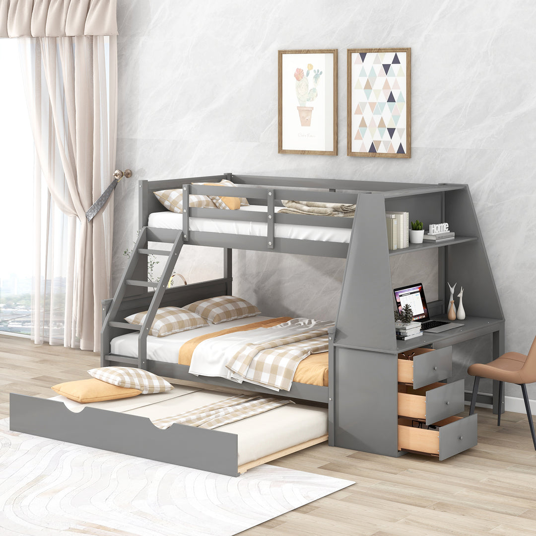Gray Twin over Full Bunk Bed with Trundle & Built-in Desk