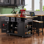 53'' Large Black Kitchen Island on 5 Wheels with 2 Bar Stools Power Outlet