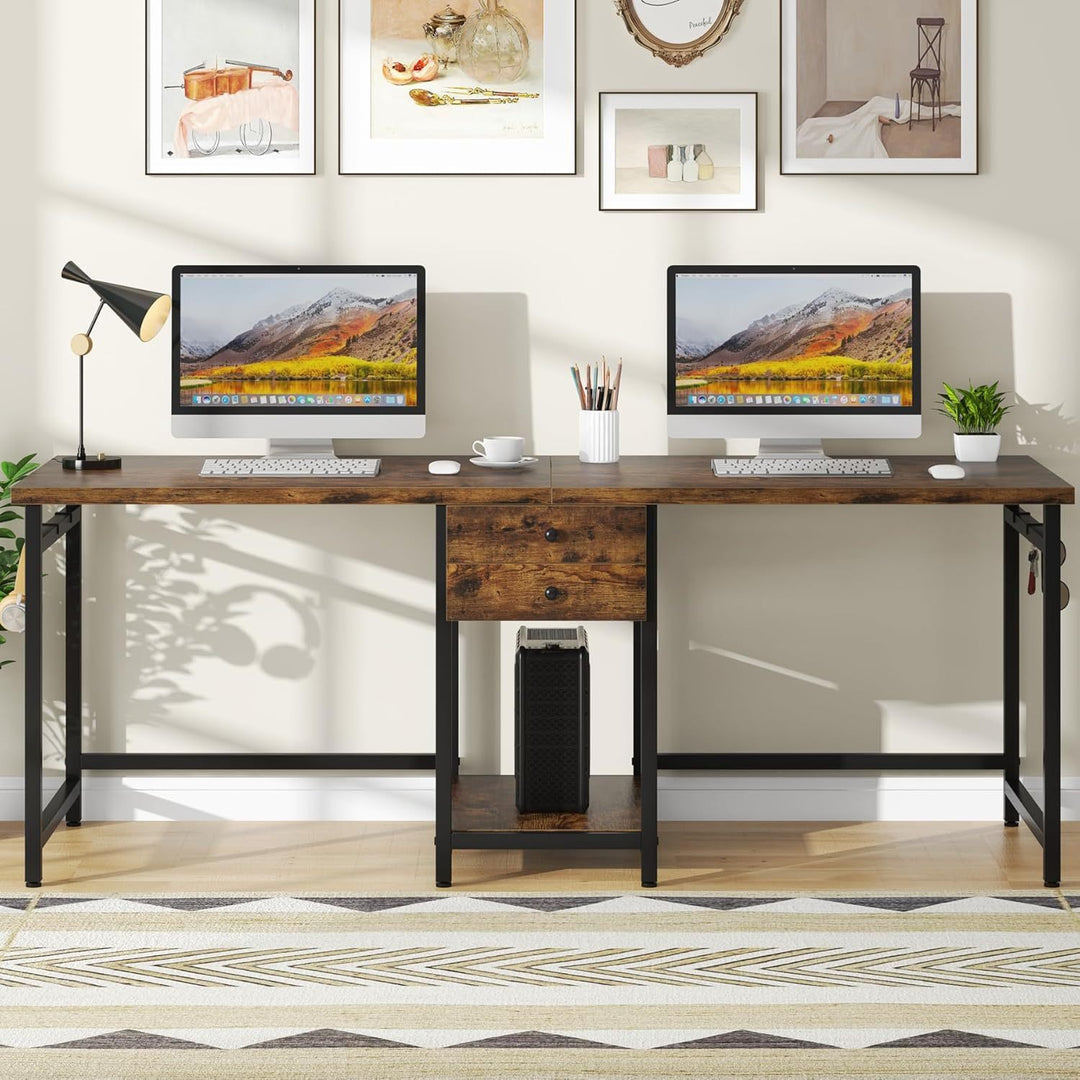 79-Inch Two Person Computer Desk with Drawers and Storage Shelves