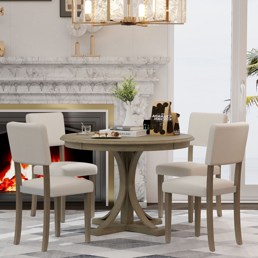 5-Piece Retro Round Dining Table Set with 4 Upholstered Chairs for Dining Room