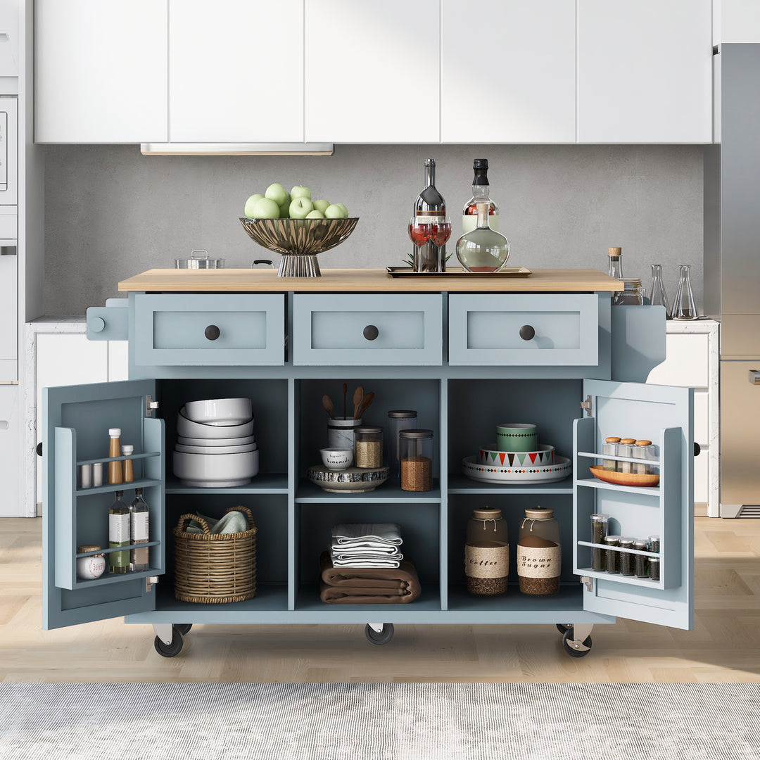 Grey Blue Kitchen Cart with Rubber wood Drop-Leaf Countertop