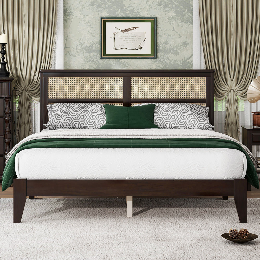 Queen Size Solid Wooden Bed with Rattan Headboard