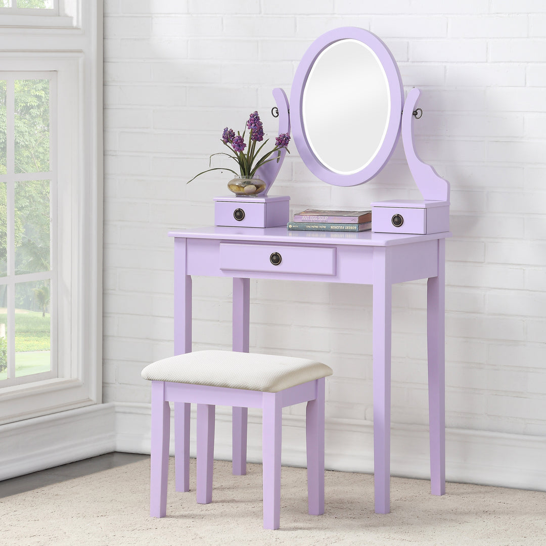 Purple Makeup Vanity Table With Swivel Adjustable Mirror 3 Storage Drawers
