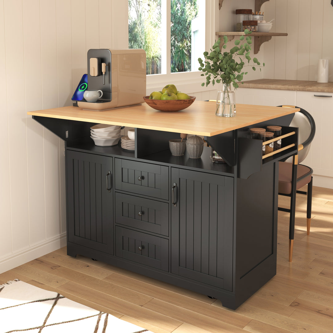 55.7'' Large Rolling Kitchen Cart on 5 Wheels with Power Outlet 2 Drop Leaf