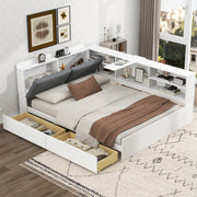 Wood Full Size platform bed with Storage Headboard Shelves and 2 Drawers