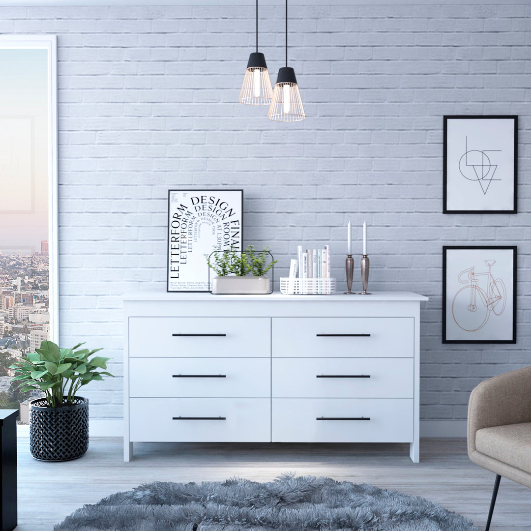Modern White Six Drawer Double Dresser