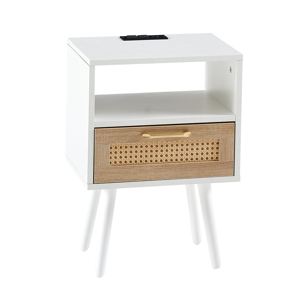 Modern White Nightstands Rattan End Table with Power Outlet & USB Ports