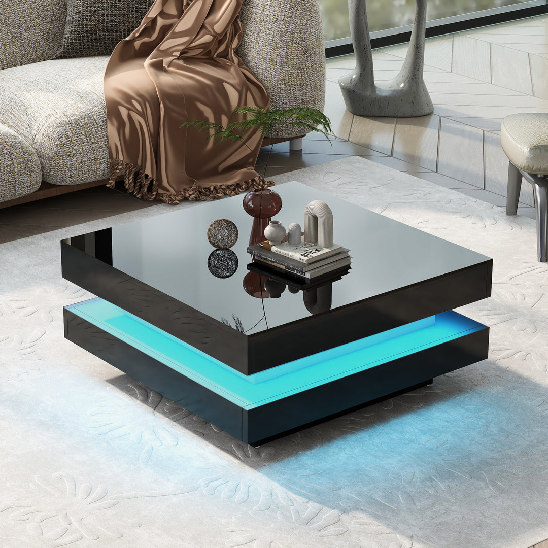 High Gloss Minimalist Design 2-Tier Square Coffee Table with LED Lights