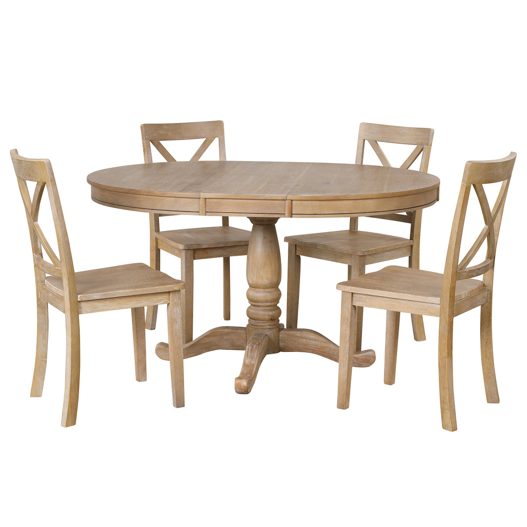 Modern Natural Wood Wash Dining Table Set for 4 with Round Table and Chairs