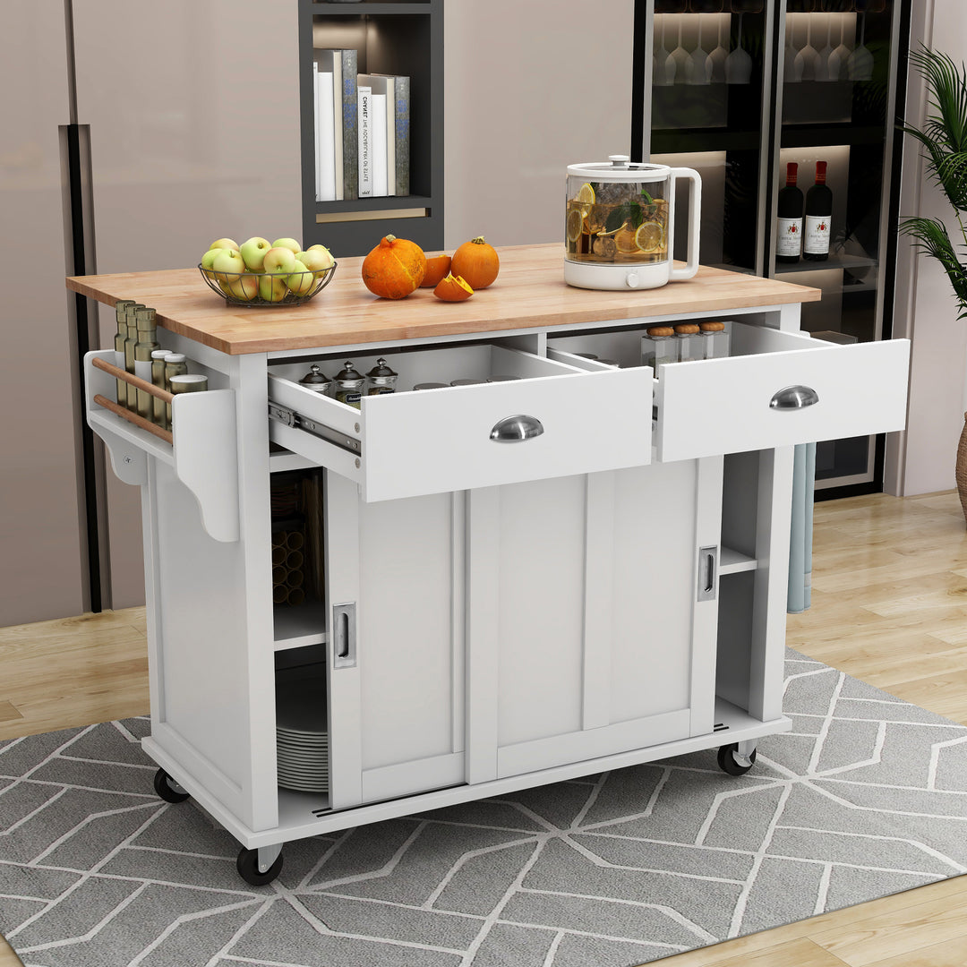 White Kitchen Island Cart on 4 Wheels with Rubber wood Drop-Leaf Countertop