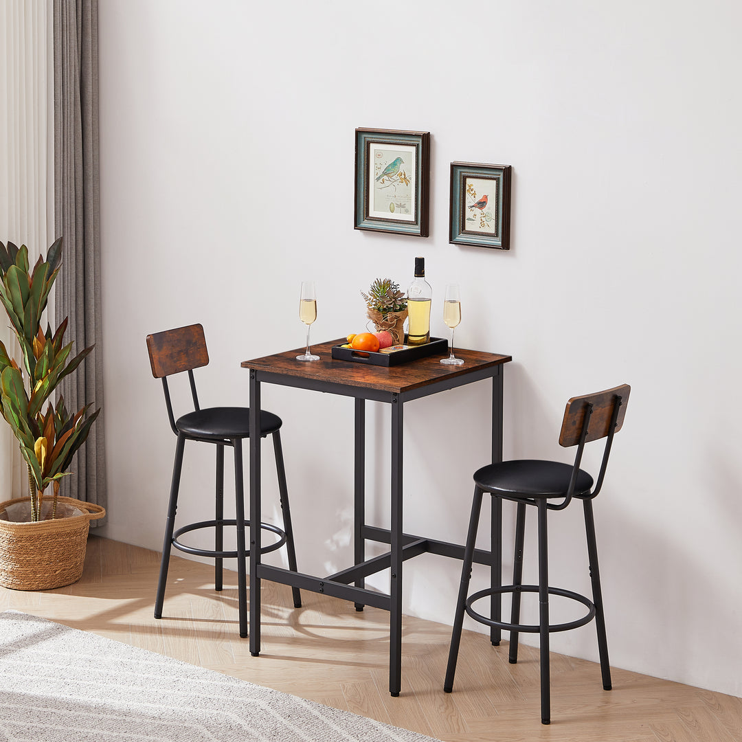Rustic Brown Bar Table Set with 2 Bar stools PU Soft Seat Backrest