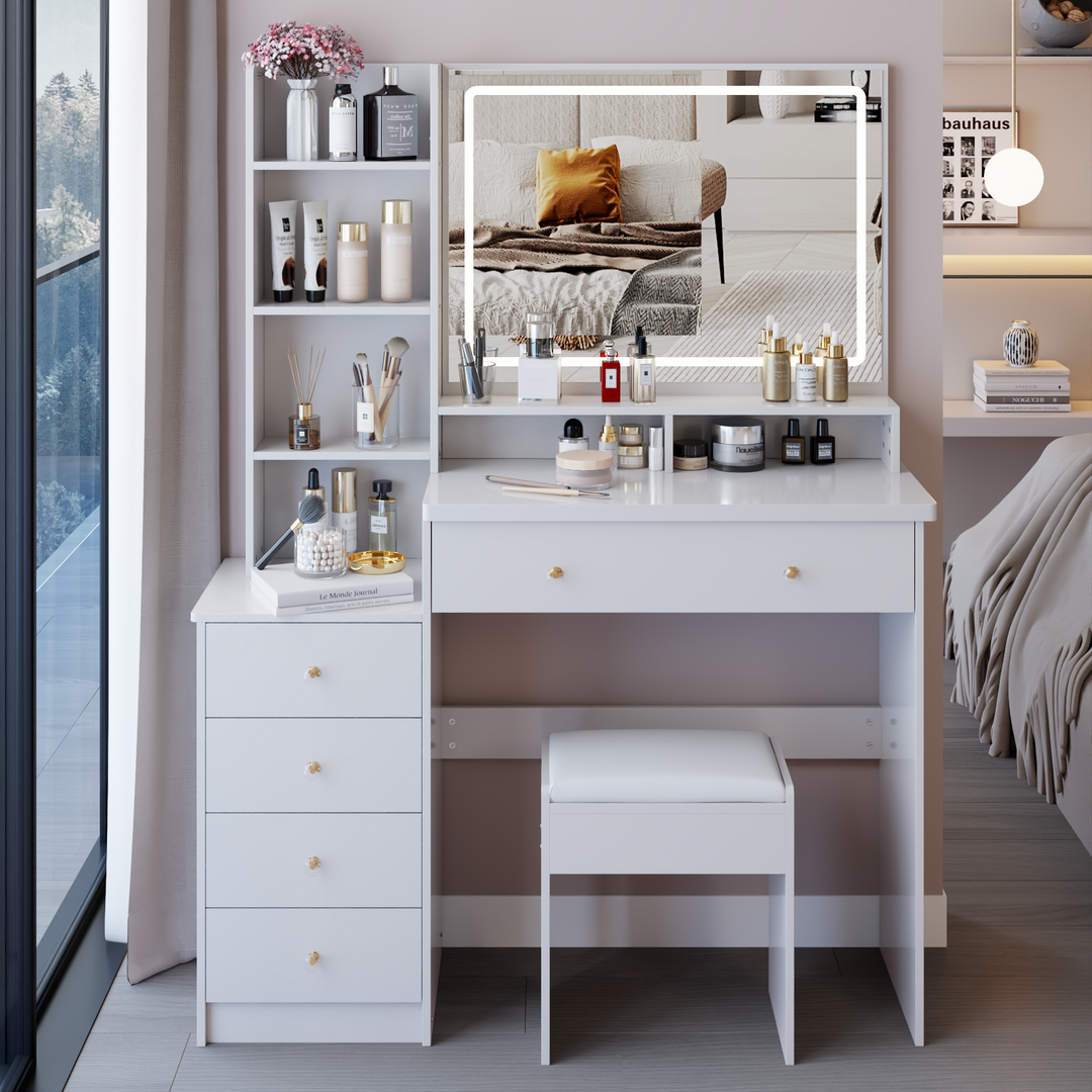 41' Large Size Left Bedside Cabinet Vanity Table+Cushioned Stool