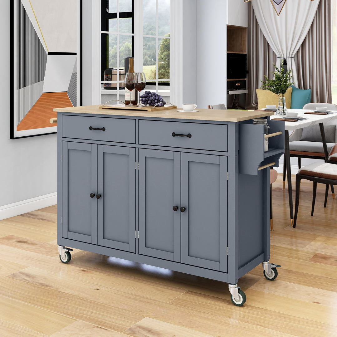 Solid Wood Top Locking Wheels Grey Blue Kitchen Island Cart