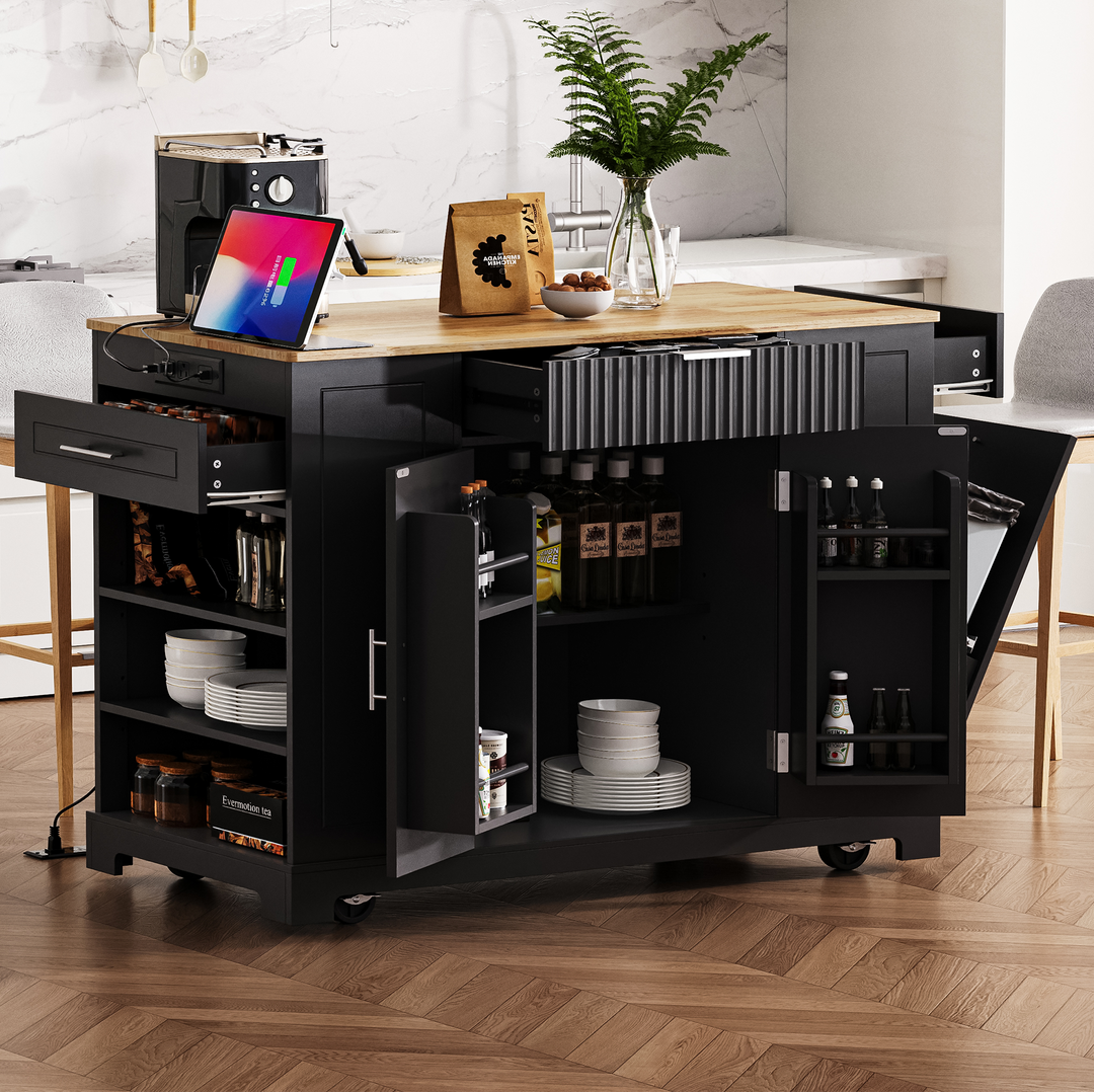 Fluted Black Kitchen Island on 5 Wheels with Trash Can Storage Cabinet Power Outlet