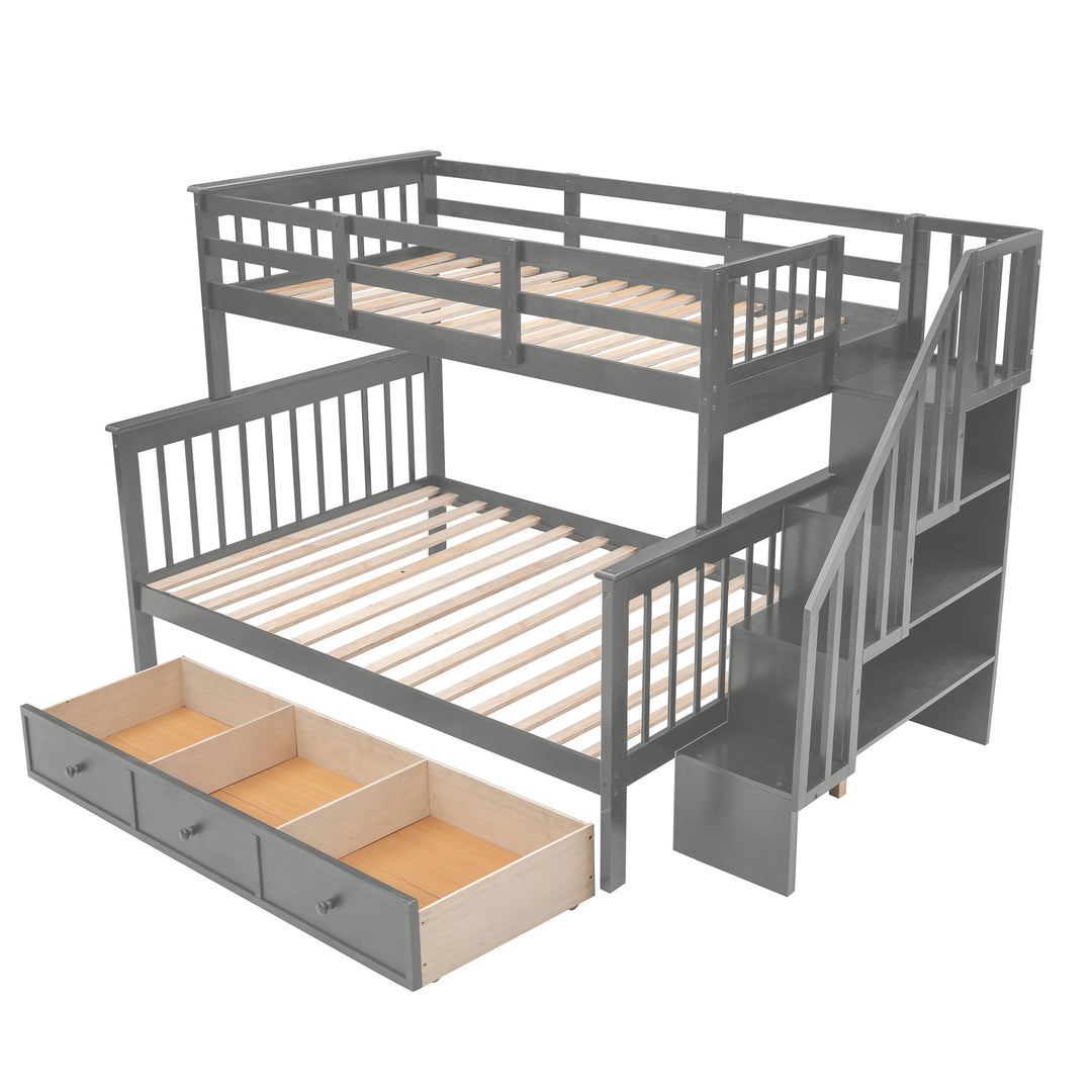 Gray Twin over Full Bunk Bed with Drawer Stairway Guard Rail