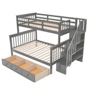 Gray Twin over Full Bunk Bed with Drawer Stairway Guard Rail