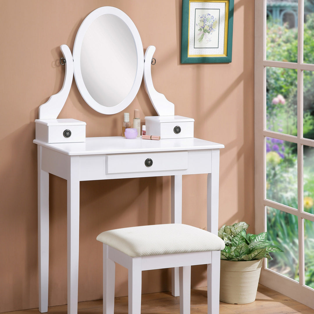 White Make Up Vanity Table and Stool Set with Mirror