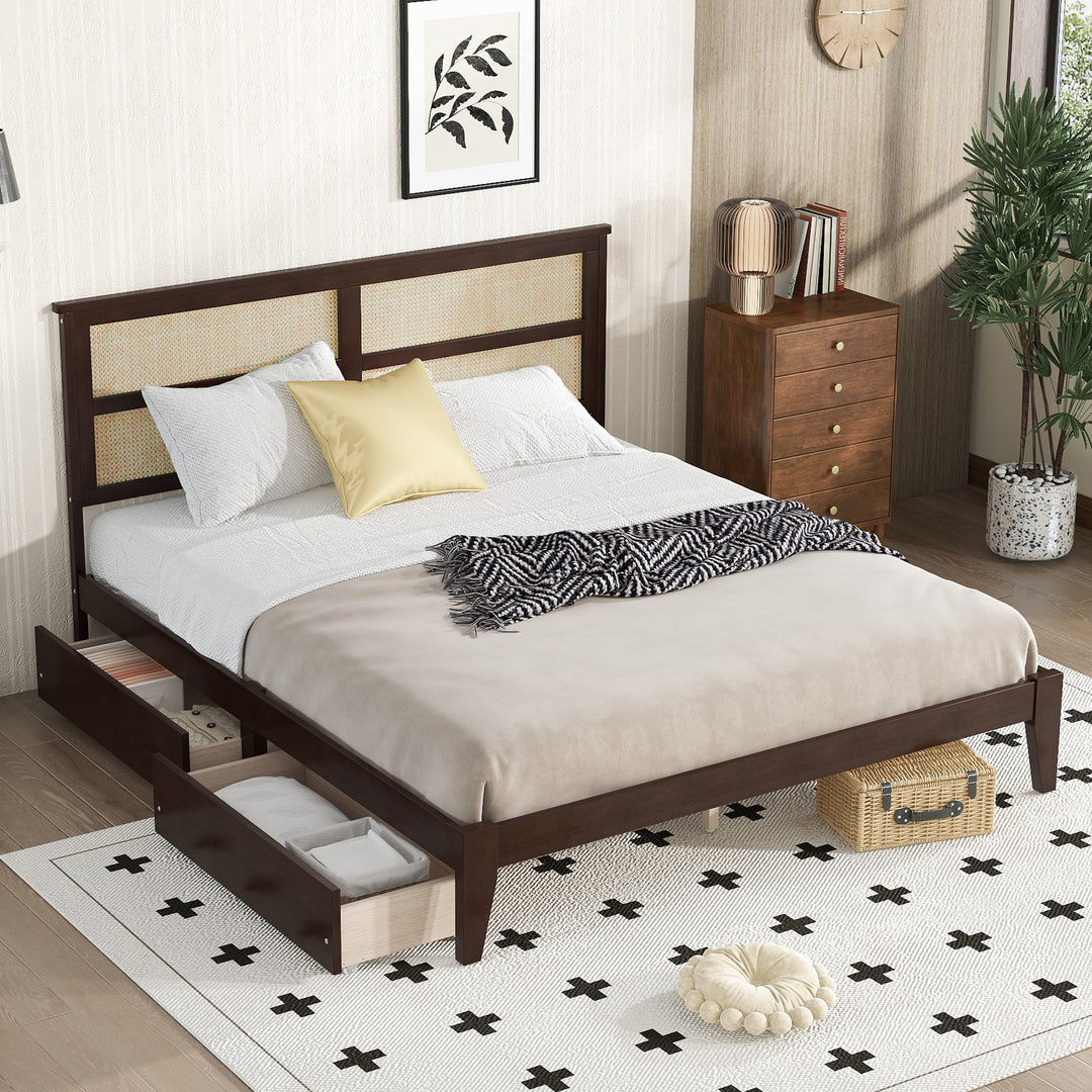 King Size Bed with Rattan Headboard Two Storage Drawers