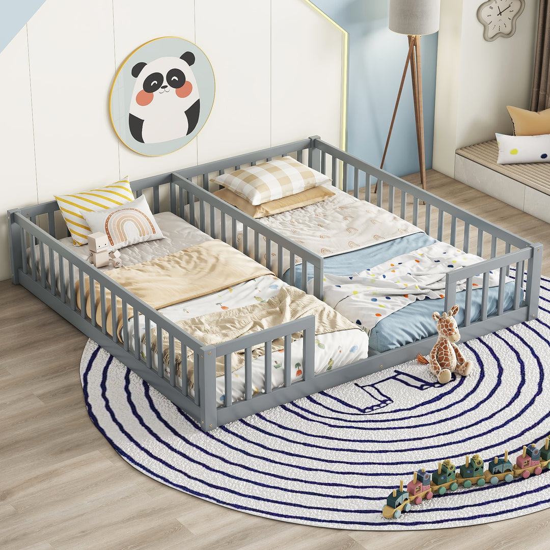 Double Twin Floor Grey Bed with Fence Guardrails