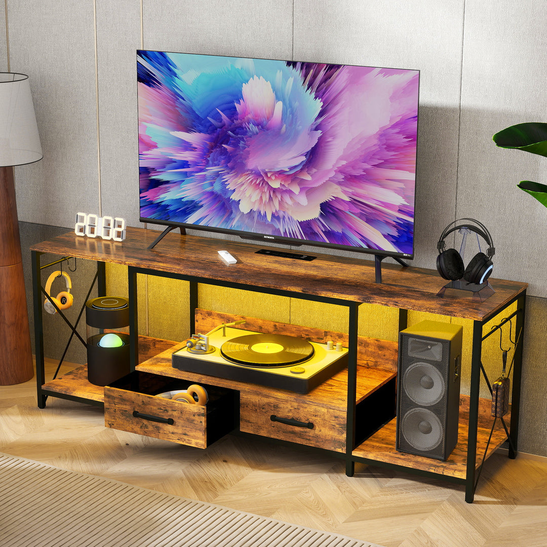 Tv Stand With Led Lights Two Spacious Drawers Power Outlets