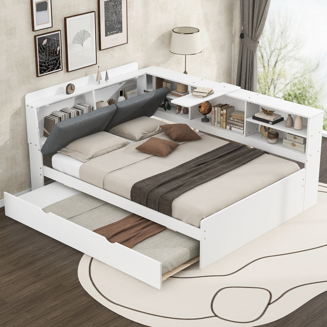 Wood Full Size platform White bed with Trundle Shelves and Storage Headboard