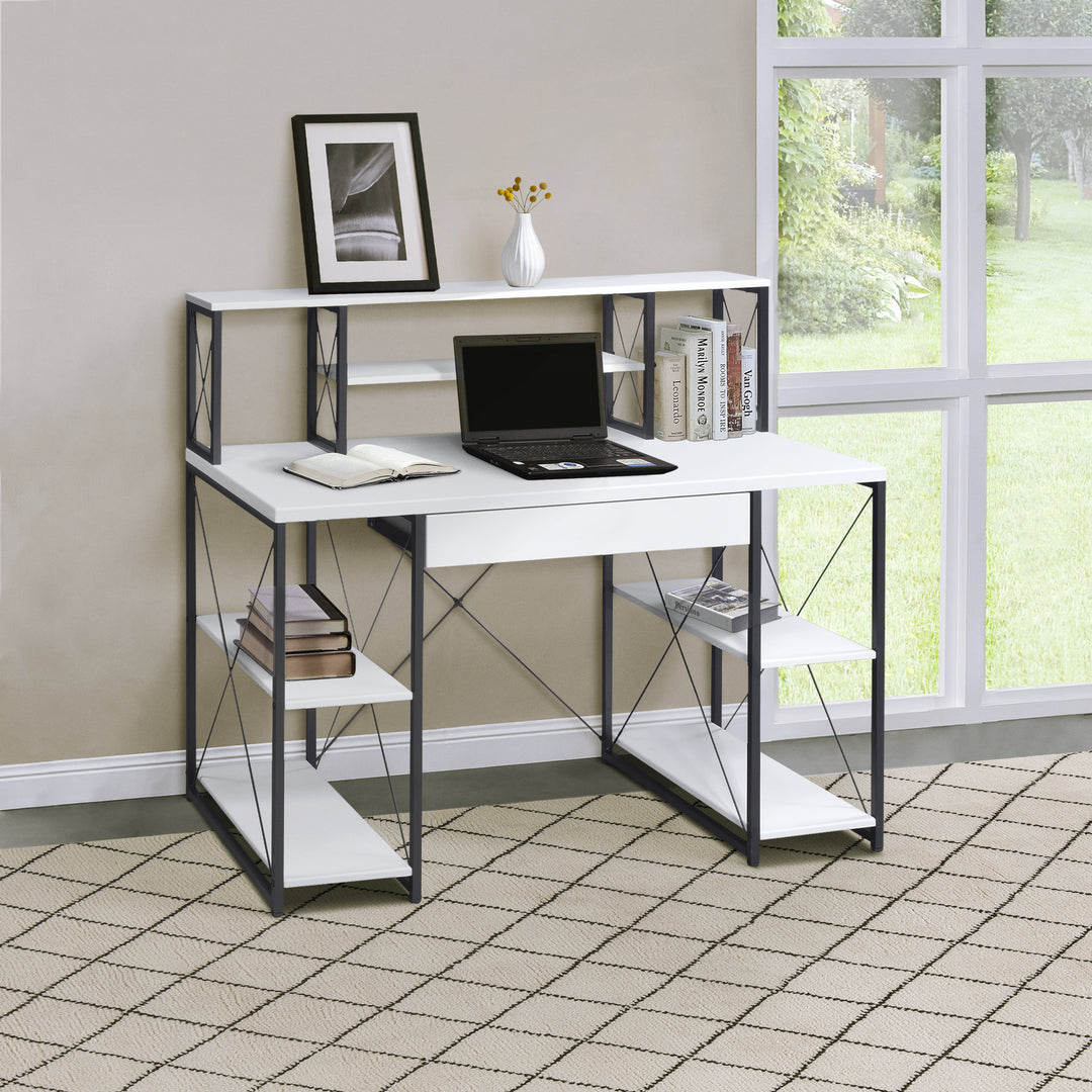 White and Black Office Writting Computer Desk with Open Shelves & Drawer