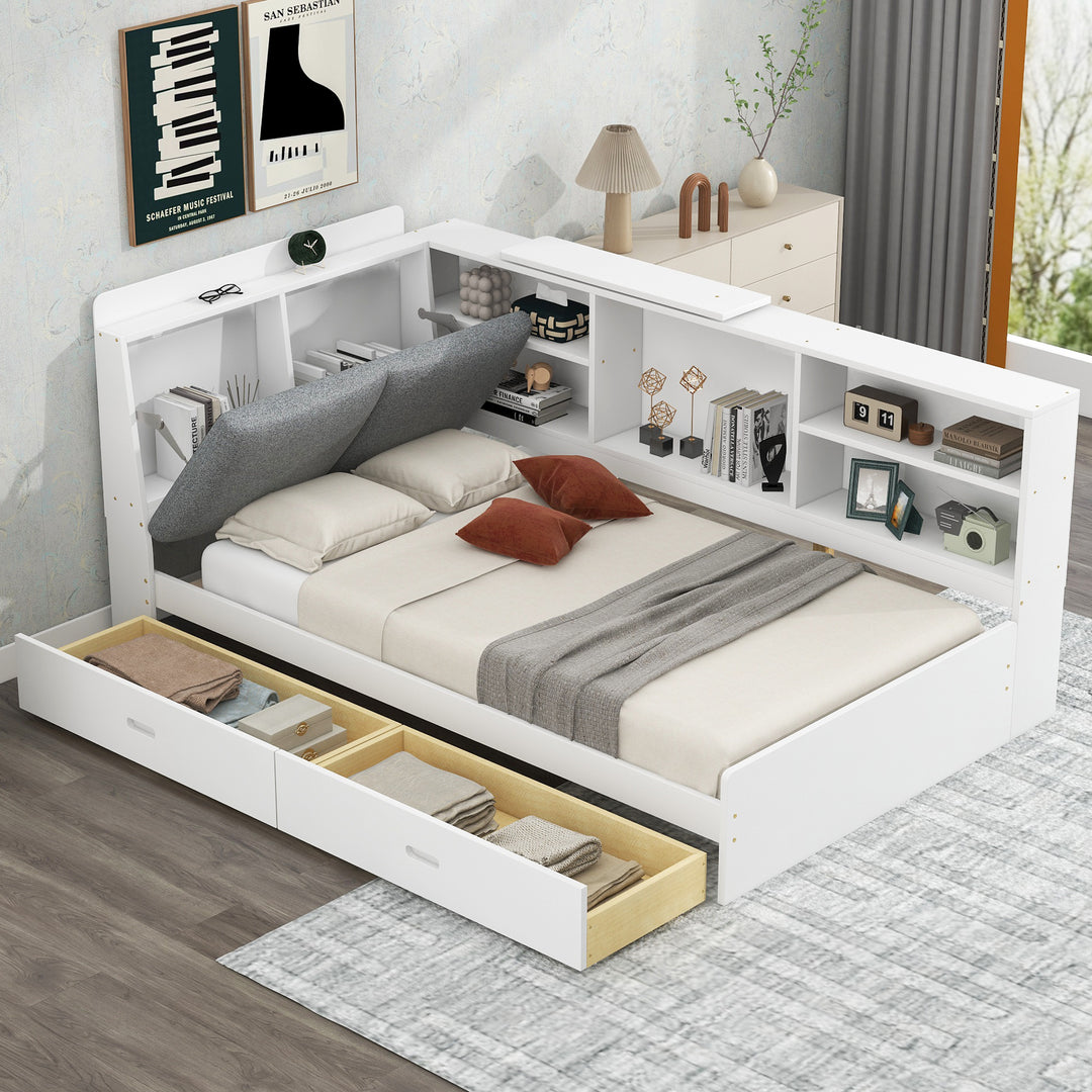 Wood Twin Size platform bed with Storage Headboard Shelves and 2 Drawers
