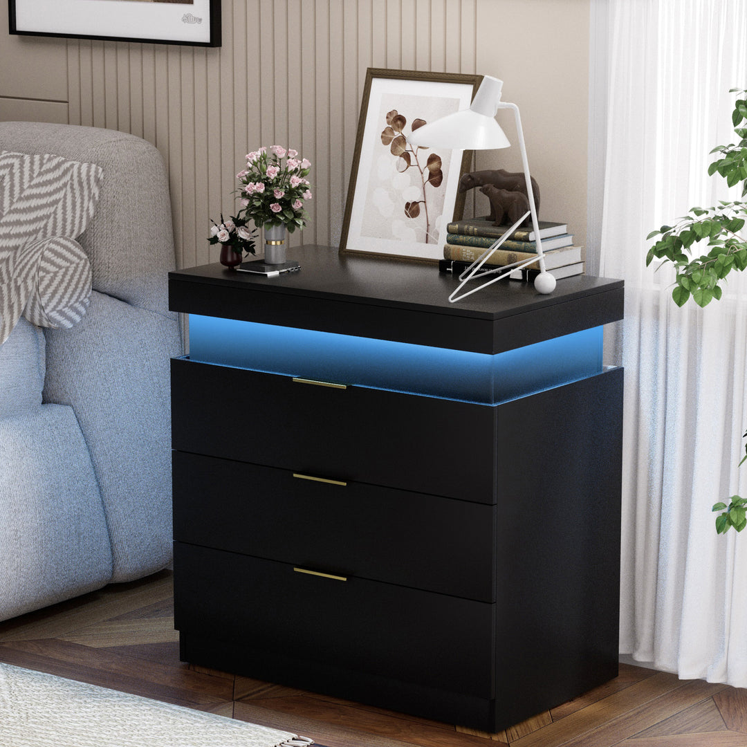 Modern Black Nightstand with Charging Station & LED Lights