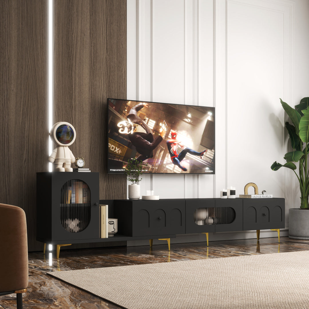 Wood Extendable Black TV Stand Rectangle Entertainment Cente