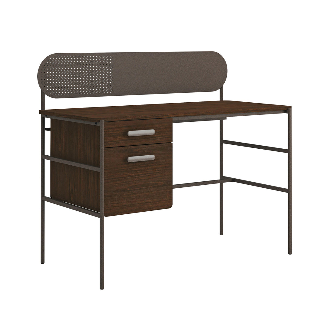 Modern Metal Frame Brown Finish Desk With Drawers