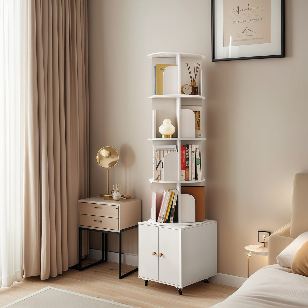 360 Degree Display 5 Tier Corner Bookshelf with Drawer for Small Space