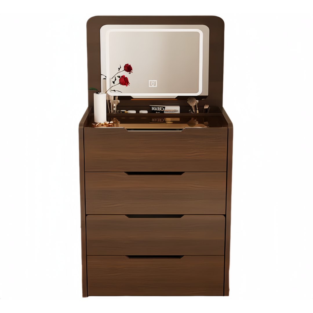 3 in 1 Walnut Vanity Desk Compact Makeup Table with Glass Top and 3 Drawers