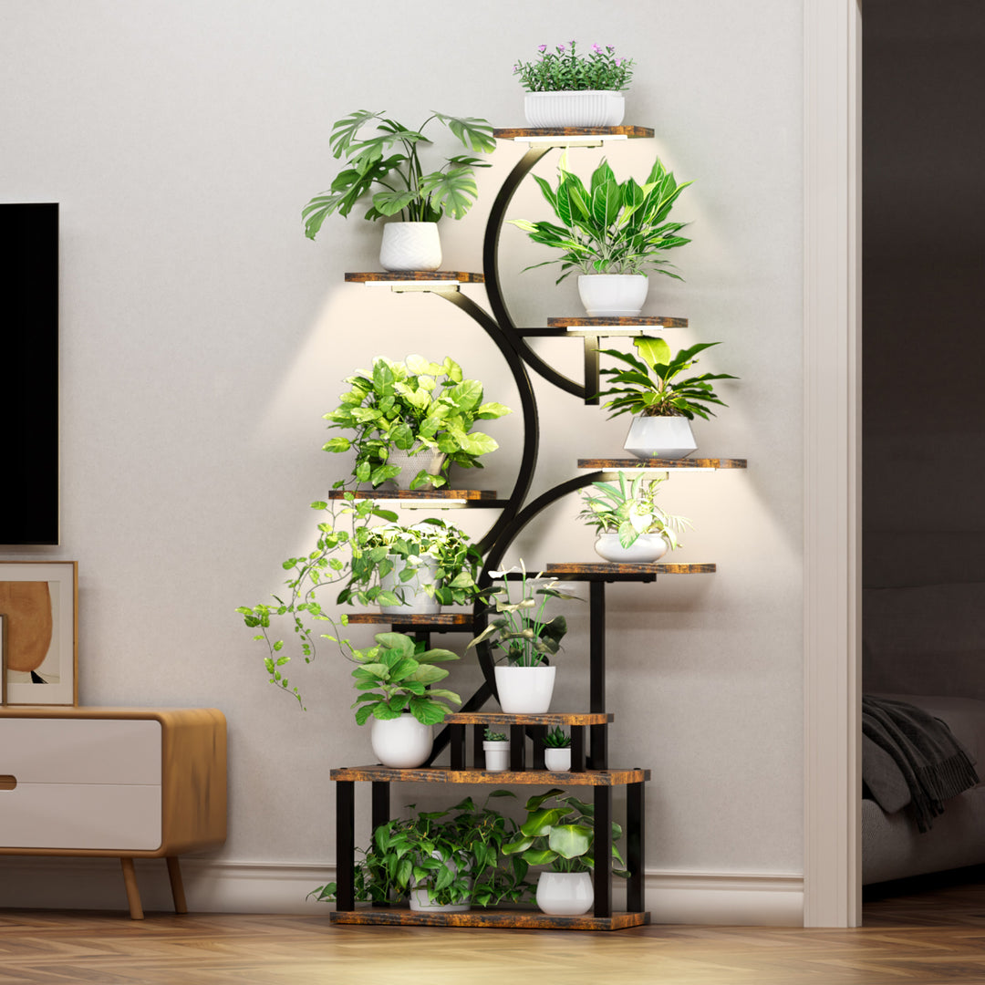 68.5' Tall 10-Tier S-Shaped Corner Plant Stand with 5 Grow Lights