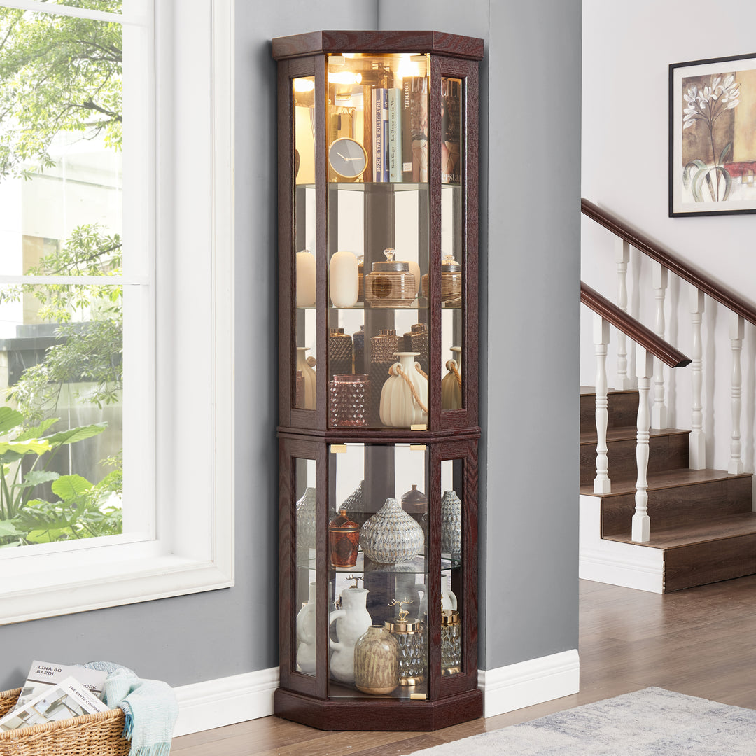 Curio Cabinet Corner Dark Cherry Display Case for Living Room