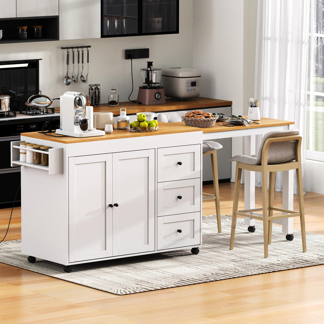 74.8' White Kitchen Island Extendable Dining Table with 3 Drawers Power Outlet