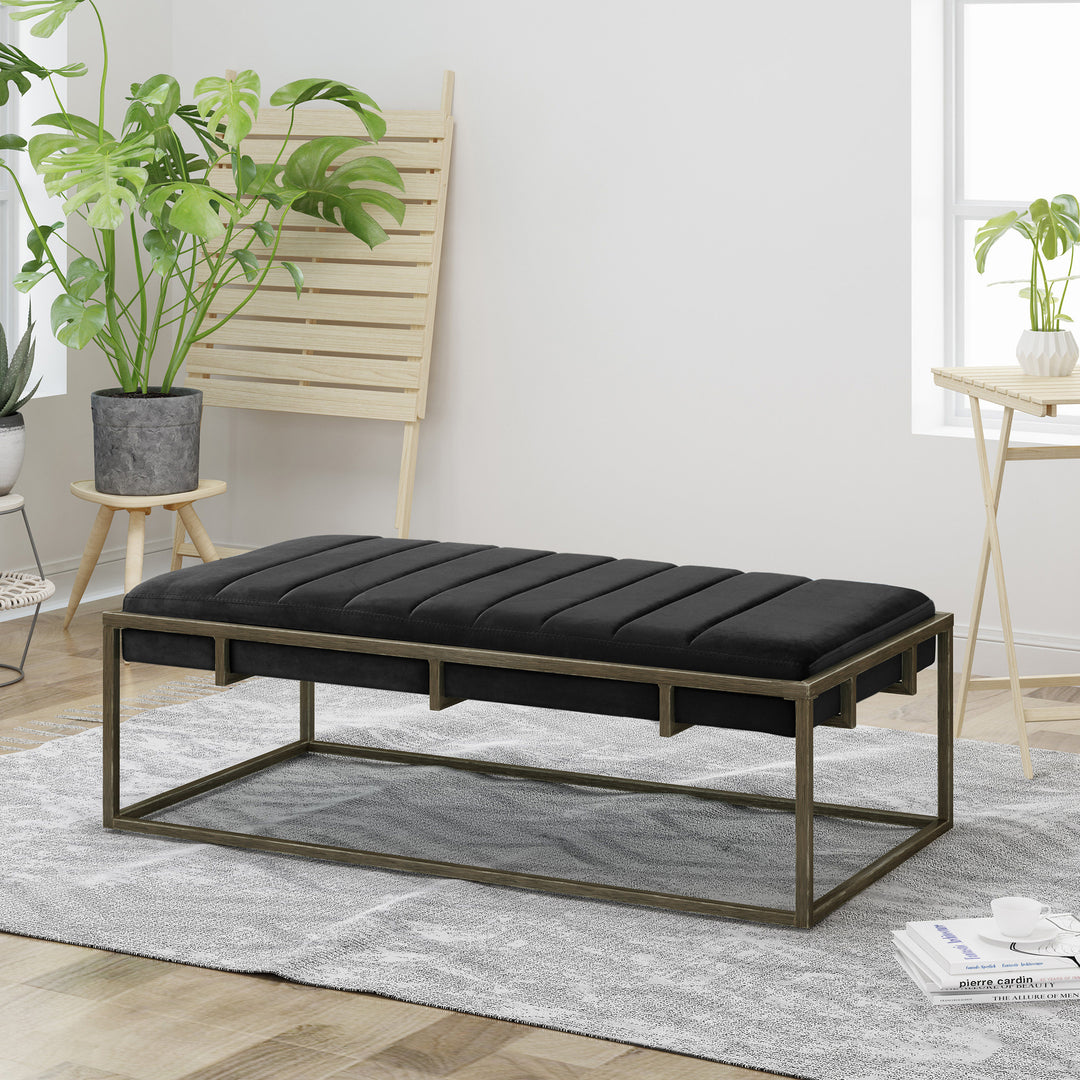 Upholstered Velvet Black Bench with Brass Finish